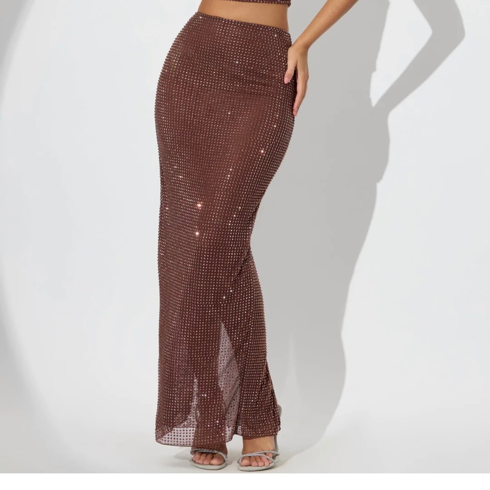 Long embellished brown skirt from OH POLLY.